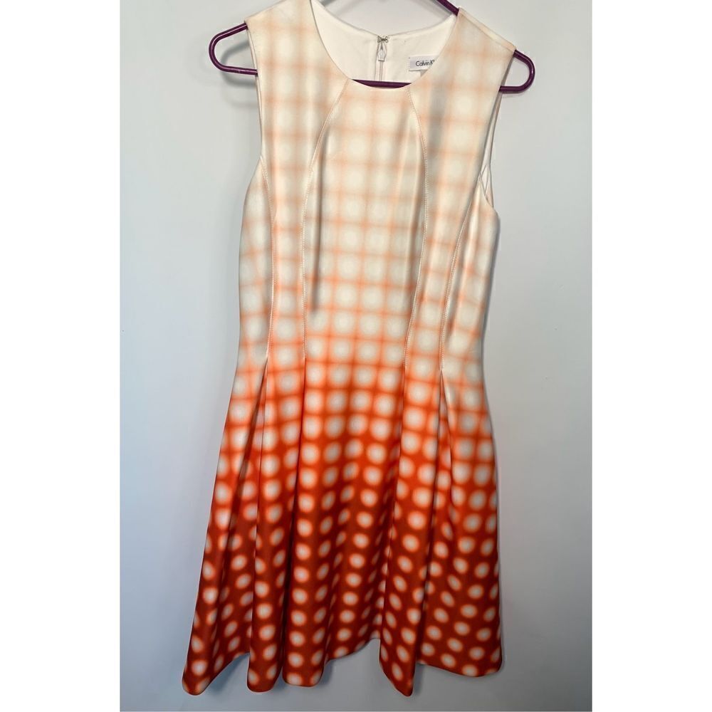 Calvin Klein Dip Dyed Grid Print Sleeveless A-Line Dress Orange White Size 6